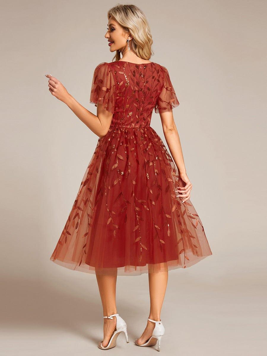 Short Sleeves Leaf Sequin A-Line Midi Formal Wedding Guest Dress - Burnt Orange Short Sleeves Leaf Sequin A-Line Midi Formal Wedding Guest Dress - Burnt Orange