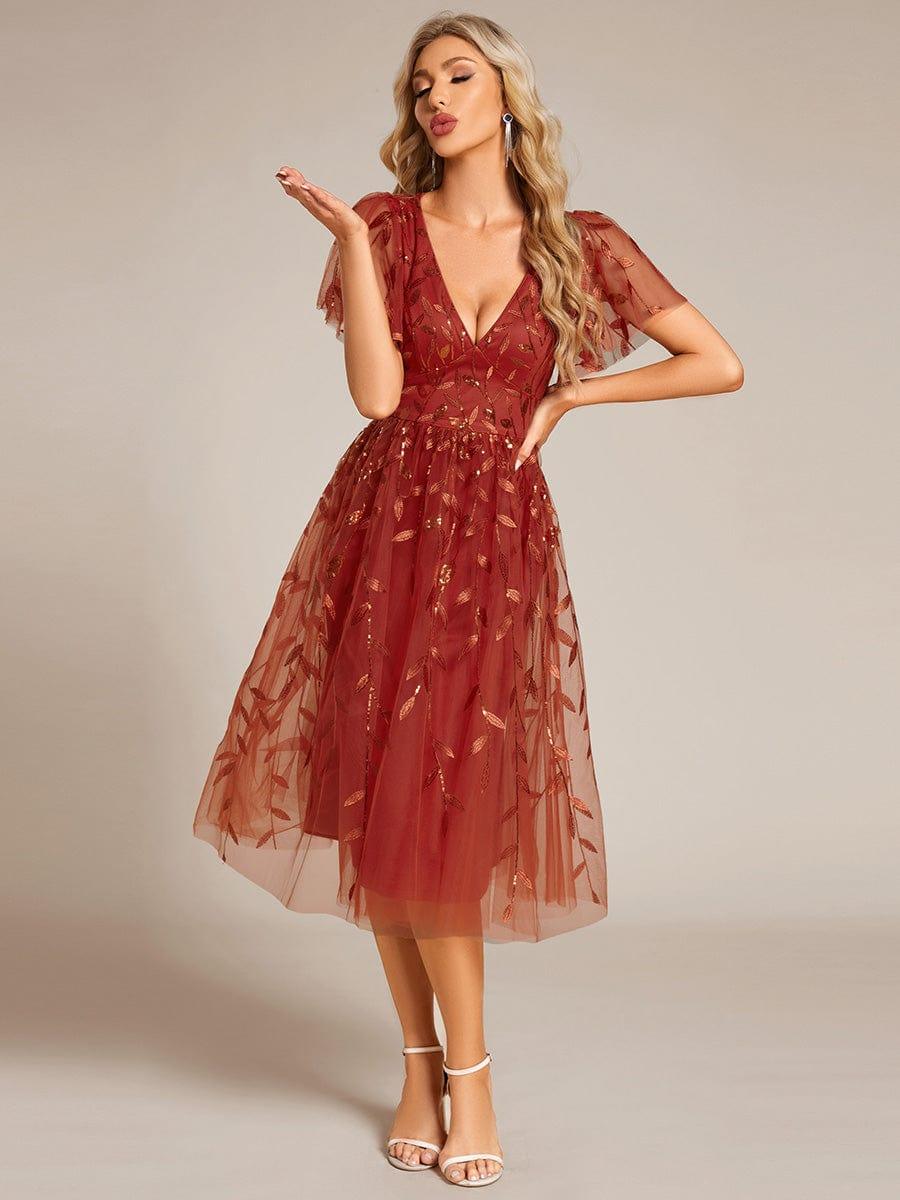 Short Sleeves Leaf Sequin A-Line Midi Formal Wedding Guest Dress - Burnt Orange Short Sleeves Leaf Sequin A-Line Midi Formal Wedding Guest Dress - Burnt Orange
