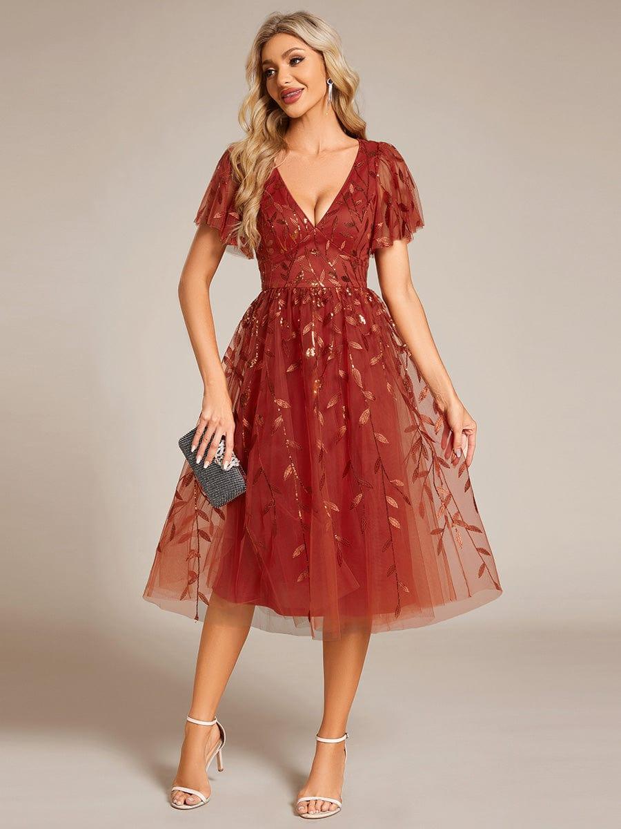 Short Sleeves Leaf Sequin A-Line Midi Formal Wedding Guest Dress - Burnt Orange Short Sleeves Leaf Sequin A-Line Midi Formal Wedding Guest Dress - Burnt Orange