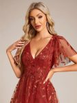 Short Sleeves Leaf Sequin A-Line Midi Formal Wedding Guest Dress – Burnt Orange
