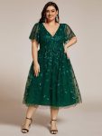 Short Sleeves Leaf Sequin A-Line Midi Formal Wedding Guest Dress – Dark Green