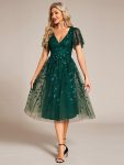 Short Sleeves Leaf Sequin A-Line Midi Formal Wedding Guest Dress – Dark Green