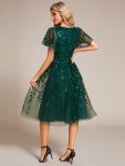 Short Sleeves Leaf Sequin A-Line Midi Formal Wedding Guest Dress – Dark Green