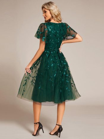 Short Sleeves Leaf Sequin A-Line Midi Formal Wedding Guest Dress - Dark Green