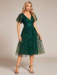 Short Sleeves Leaf Sequin A-Line Midi Formal Wedding Guest Dress – Dark Green