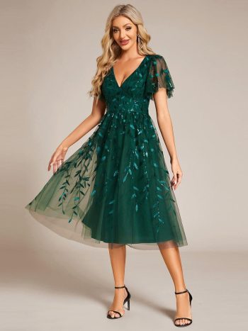 Short Sleeves Leaf Sequin A-Line Midi Formal Wedding Guest Dress - Dark Green