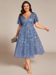 Short Sleeves Leaf Sequin A-Line Midi Formal Wedding Guest Dress – Dusty Blue