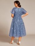 Short Sleeves Leaf Sequin A-Line Midi Formal Wedding Guest Dress – Dusty Blue