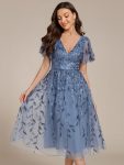 Short Sleeves Leaf Sequin A-Line Midi Formal Wedding Guest Dress – Dusty Blue