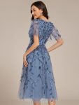 Short Sleeves Leaf Sequin A-Line Midi Formal Wedding Guest Dress – Dusty Blue