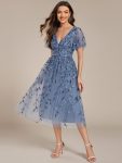 Short Sleeves Leaf Sequin A-Line Midi Formal Wedding Guest Dress – Dusty Blue
