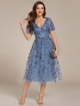Short Sleeves Leaf Sequin A-Line Midi Formal Wedding Guest Dress - Dusty Blue