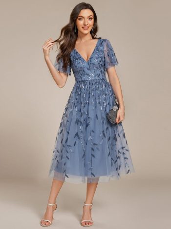 Short Sleeves Leaf Sequin A-Line Midi Formal Wedding Guest Dress - Dusty Blue