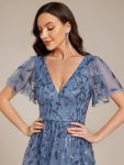 Short Sleeves Leaf Sequin A-Line Midi Formal Wedding Guest Dress – Dusty Blue