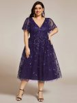 Short Sleeves Leaf Sequin A-Line Midi Formal Wedding Guest Dress – Dark Purple