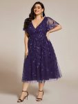 Short Sleeves Leaf Sequin A-Line Midi Formal Wedding Guest Dress – Dark Purple