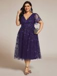 Short Sleeves Leaf Sequin A-Line Midi Formal Wedding Guest Dress – Dark Purple