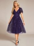 Short Sleeves Leaf Sequin A-Line Midi Formal Wedding Guest Dress - Dark Purple