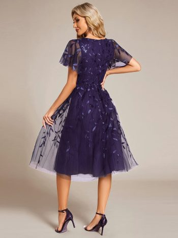 Short Sleeves Leaf Sequin A-Line Midi Formal Wedding Guest Dress - Dark Purple