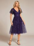 Short Sleeves Leaf Sequin A-Line Midi Formal Wedding Guest Dress – Dark Purple