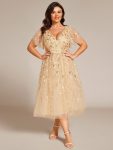 Short Sleeves Leaf Sequin A-Line Midi Formal Wedding Guest Dress – Gold