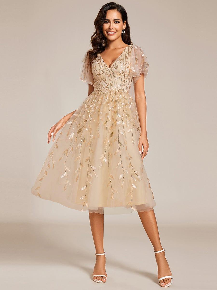 Short Sleeves Leaf Sequin A-Line Midi Formal Wedding Guest Dress - Gold Short Sleeves Leaf Sequin A-Line Midi Formal Wedding Guest Dress - Gold