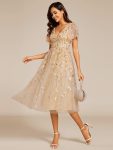 Short Sleeves Leaf Sequin A-Line Midi Formal Wedding Guest Dress – Gold