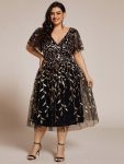 Short Sleeves Leaf Sequin A-Line Midi Formal Wedding Guest Dress – Black & Gold