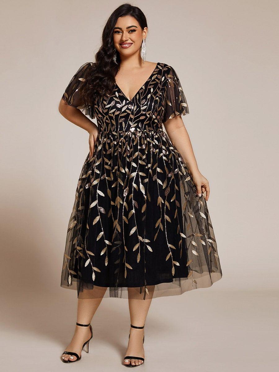 Short Sleeves Leaf Sequin A-Line Midi Formal Wedding Guest Dress - Black & Gold Short Sleeves Leaf Sequin A-Line Midi Formal Wedding Guest Dress - Black & Gold