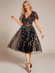 Short Sleeves Leaf Sequin A-Line Midi Formal Wedding Guest Dress – Black & Gold