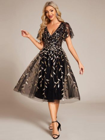 Short Sleeves Leaf Sequin A-Line Midi Formal Wedding Guest Dress - Black & Gold