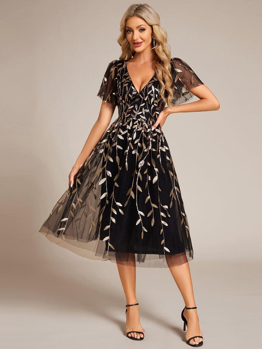 Short Sleeves Leaf Sequin A-Line Midi Formal Wedding Guest Dress - Black & Gold Short Sleeves Leaf Sequin A-Line Midi Formal Wedding Guest Dress - Black & Gold