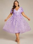 Short Sleeves Leaf Sequin A-Line Midi Formal Wedding Guest Dress – Lavender