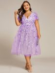 Short Sleeves Leaf Sequin A-Line Midi Formal Wedding Guest Dress – Lavender