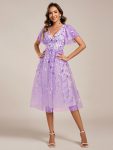 Short Sleeves Leaf Sequin A-Line Midi Formal Wedding Guest Dress – Lavender