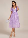 Short Sleeves Leaf Sequin A-Line Midi Formal Wedding Guest Dress – Lavender