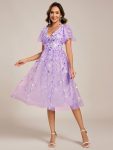 Short Sleeves Leaf Sequin A-Line Midi Formal Wedding Guest Dress – Lavender