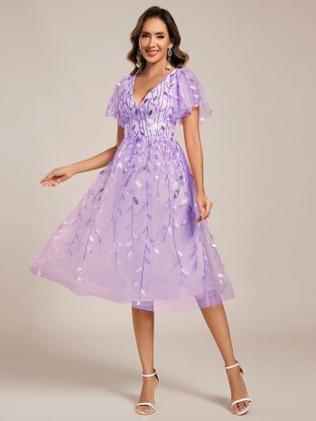 Short Sleeves Leaf Sequin A-Line Midi Formal Wedding Guest Dress - Lavender