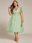 Short Sleeves Leaf Sequin A-Line Midi Formal Wedding Guest Dress – Mint Green