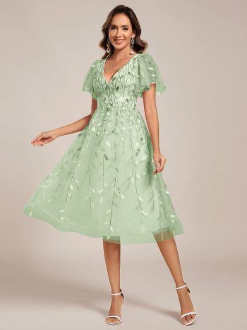 Short Sleeves Leaf Sequin A-Line Midi Formal Wedding Guest Dress - Mint Green