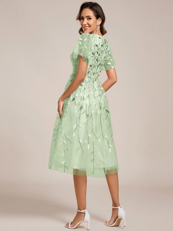 Short Sleeves Leaf Sequin A-Line Midi Formal Wedding Guest Dress - Mint Green