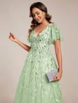 Short Sleeves Leaf Sequin A-Line Midi Formal Wedding Guest Dress – Mint Green