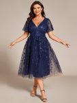 Short Sleeves Leaf Sequin A-Line Midi Formal Wedding Guest Dress – Navy Blue