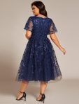 Short Sleeves Leaf Sequin A-Line Midi Formal Wedding Guest Dress – Navy Blue