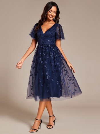 Short Sleeves Leaf Sequin A-Line Midi Formal Wedding Guest Dress - Navy Blue