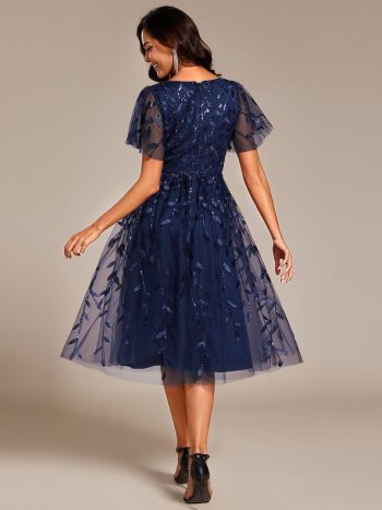 Short Sleeves Leaf Sequin A-Line Midi Formal Wedding Guest Dress - Navy Blue