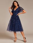 Short Sleeves Leaf Sequin A-Line Midi Formal Wedding Guest Dress – Navy Blue