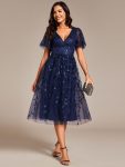 Short Sleeves Leaf Sequin A-Line Midi Formal Wedding Guest Dress – Navy Blue