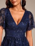 Short Sleeves Leaf Sequin A-Line Midi Formal Wedding Guest Dress – Navy Blue