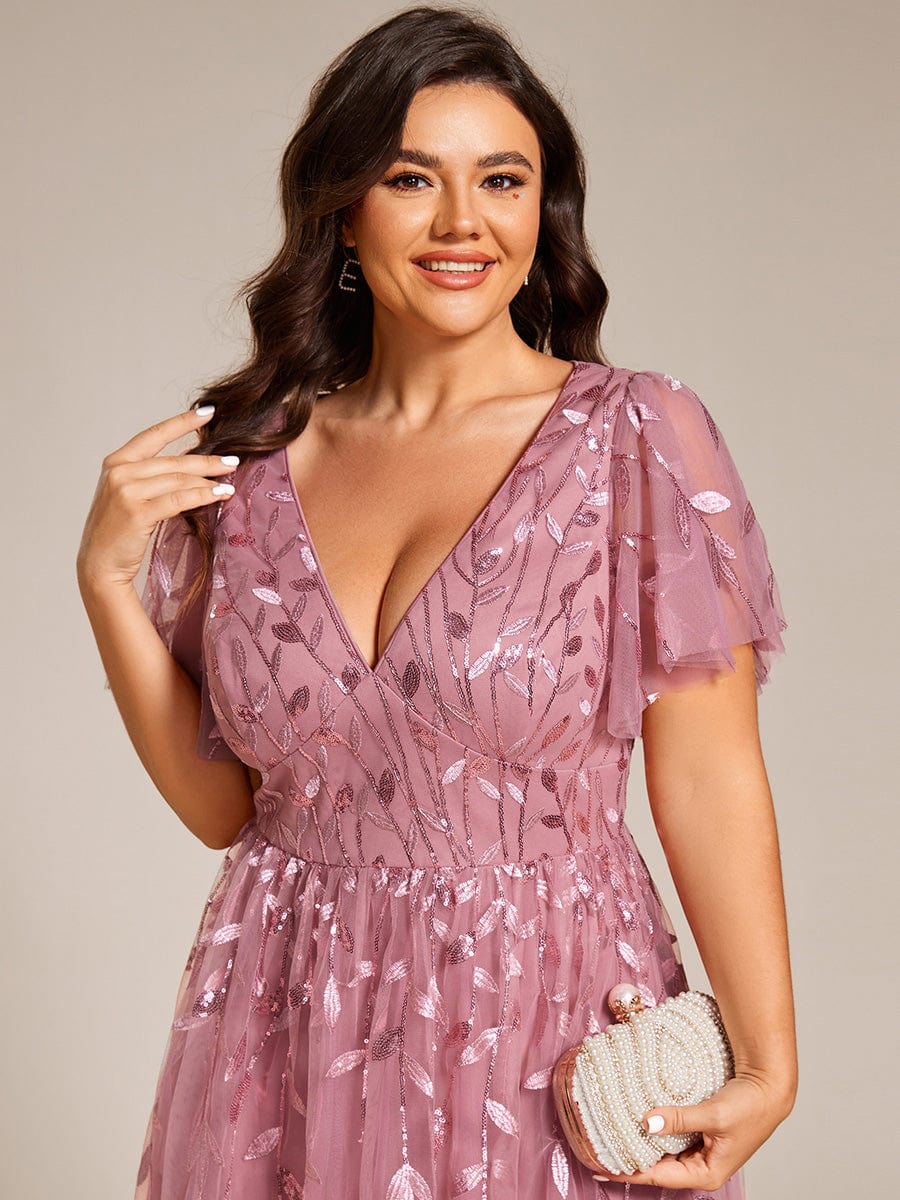 Short Sleeves Leaf Sequin A-Line Midi Formal Wedding Guest Dress - Purple Orchid Short Sleeves Leaf Sequin A-Line Midi Formal Wedding Guest Dress - Purple Orchid